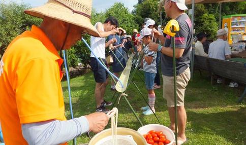 納涼祭での流しそうめん トマトも流します
