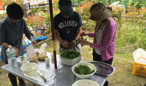 イベントの様子、畑で採れたての野菜を使います